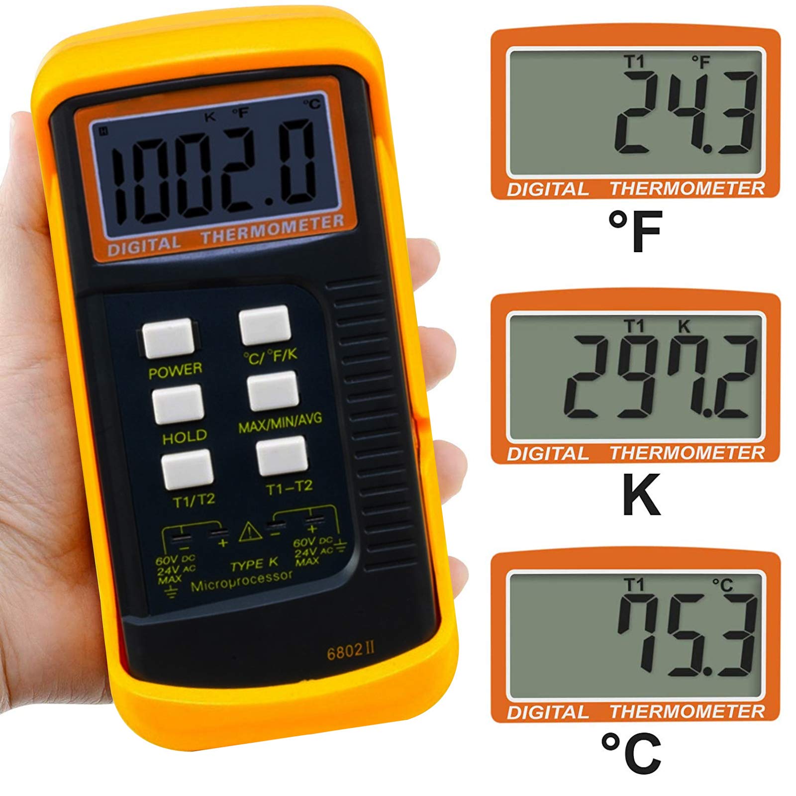 2 Dual Digitales Thermometer, DT-6802 II Kanal K-Typ Thermoelementen Sensor Sonde Temperaturmessgerät Temperaturmesser für Thermoelement Typen K/J/T/E/R/S/N