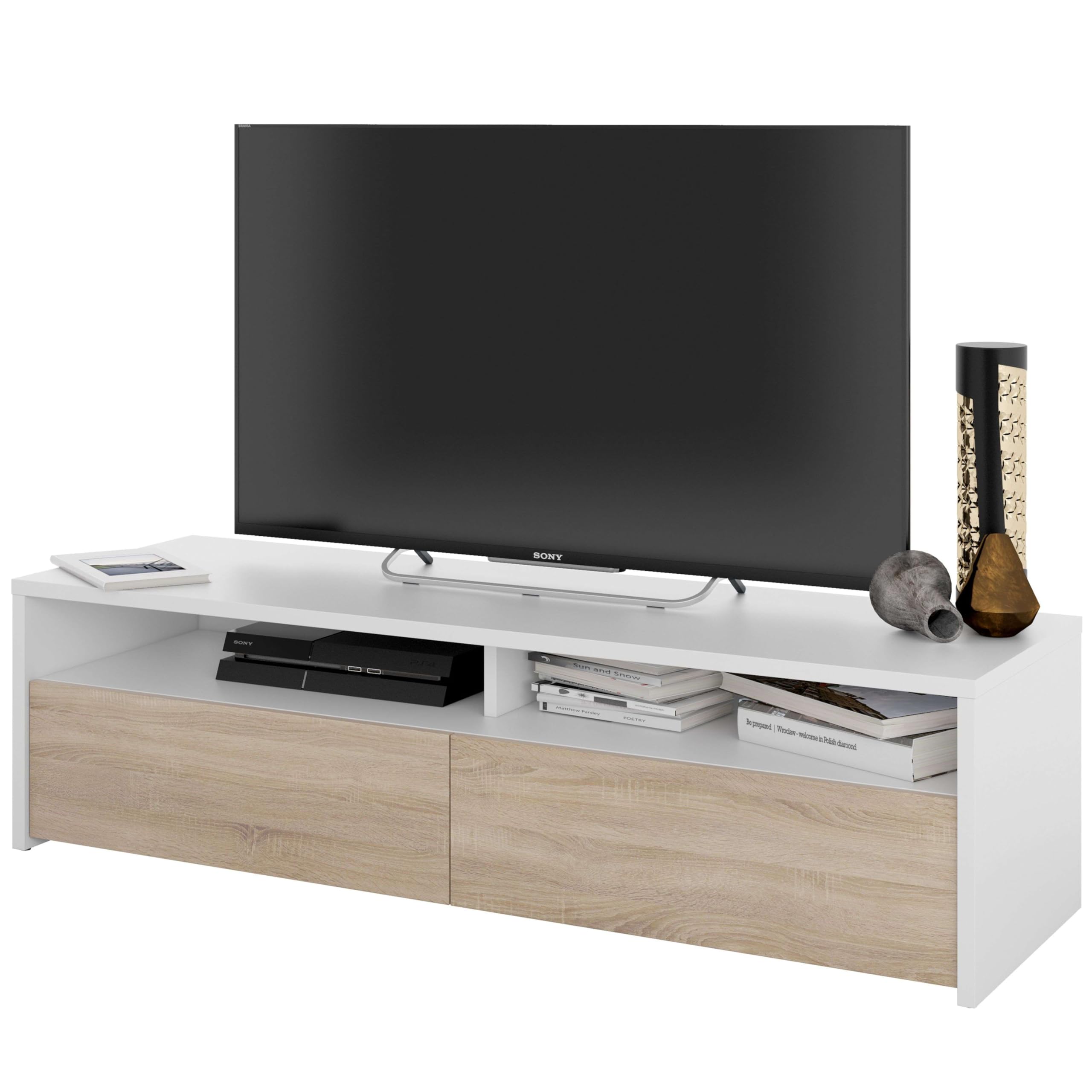 Habitdesign Mueble de Salon, modulo de Comedor Kioto, Acabado Color Blanco Artik y Roble Canadian, Medidas: 130 cm (Ancho) x 35,​5 cm (Alto) x 40,​2 cm (Fondo)