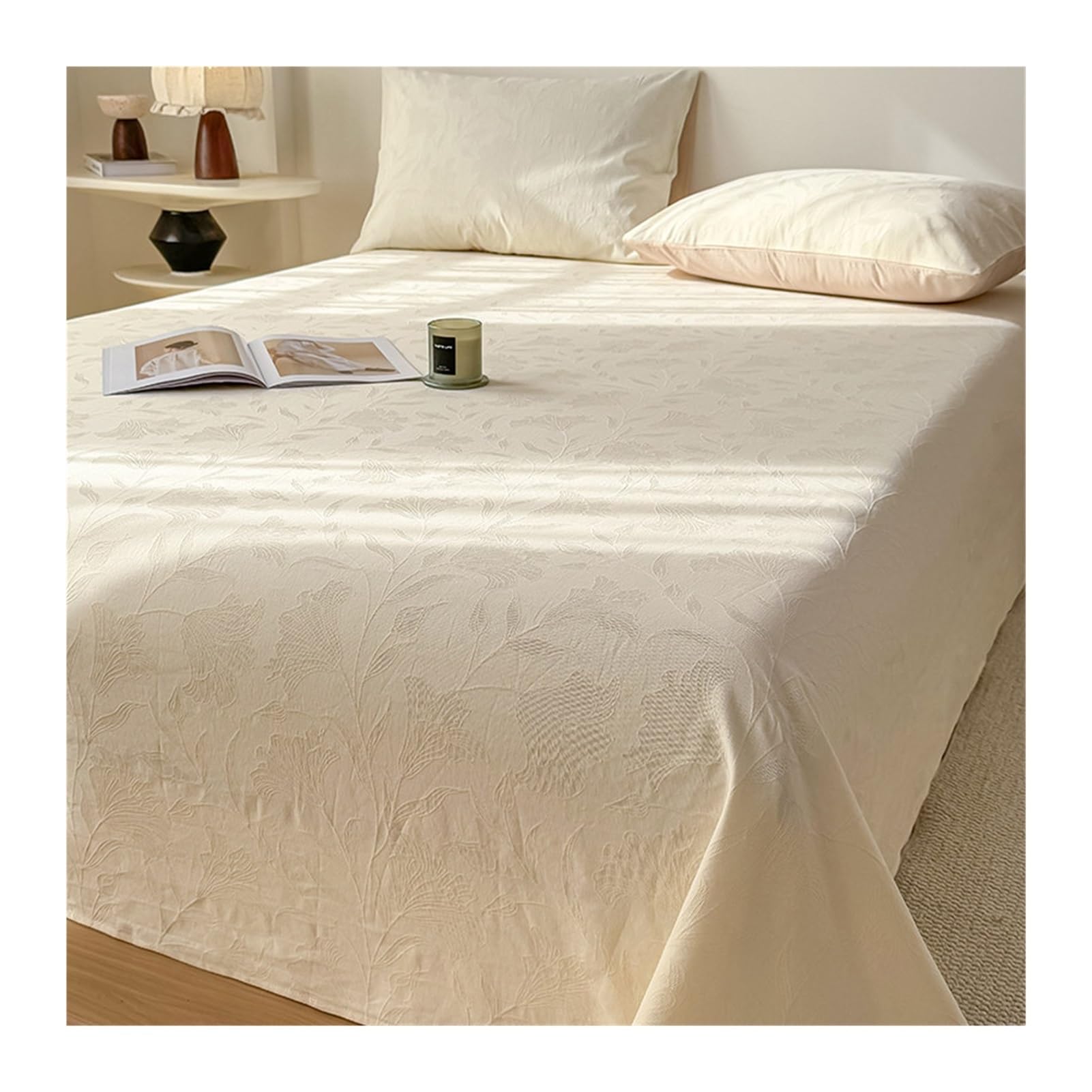 GBHMJU 100% Cotton Thick Flat Sheet Twin Full Queen Jacquard Machine Washable Breathable Top Sheet(Khaki C,230x250cm)