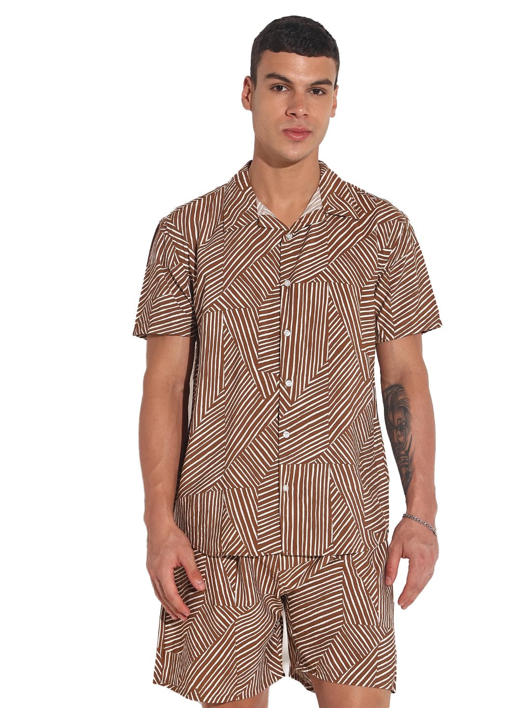 Edition Men's Striped Brown Relaxed Fit Shirt and Shorts Set-AM-78-37_Brown-image-17