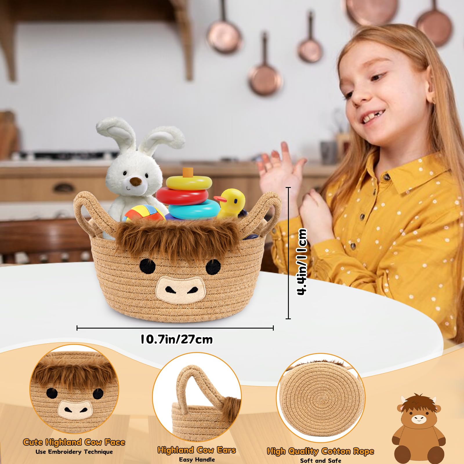 Hkojewp Highland Cute Cow Basket for Nursery, Small Shower Gift Basket, Round Woven Rope Cotton Storage, Baby Blanket 0rganizer with Ears Handles, Blanket Towel Decor Storage Bins, 10.7