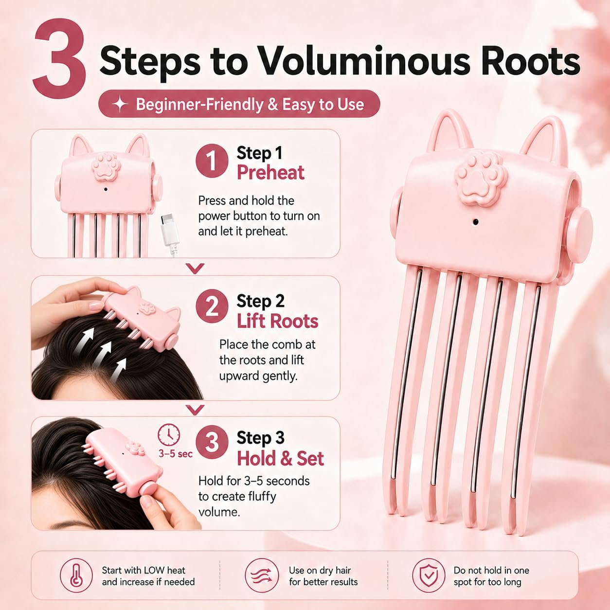 Heated Root Volumizer Clip, Cordless Root Lift Clip, Bow#1 (Pink)