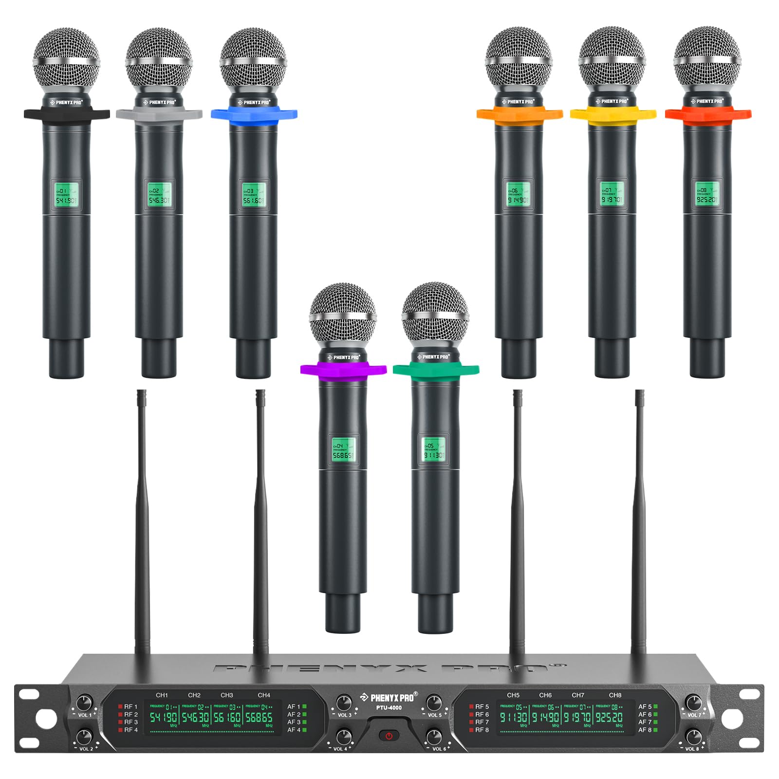 Phenyx Pro 8-Channel UHF Wireless Microphone System with Metal Handheld Dynamic Microphones, Fixed Frequency Mic for Karaoke,Church,Singing,DJ,260ft Range (PTU-4000-8H)