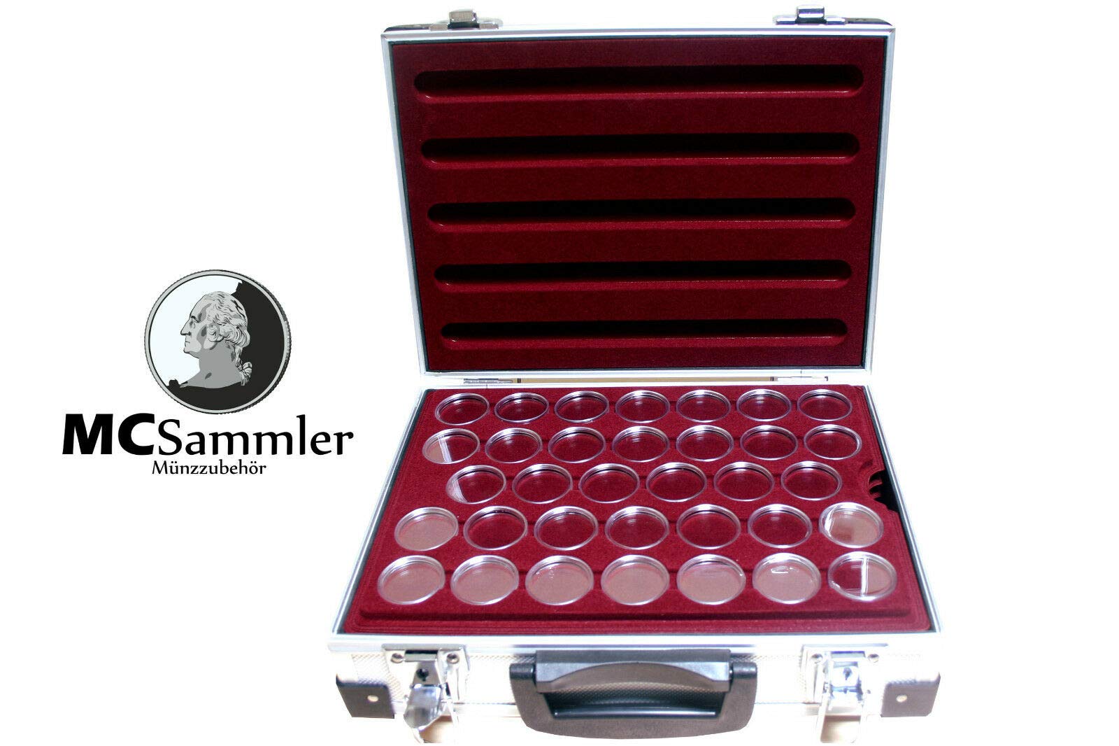 MC.Sammler Portamonete in alluminio con 5 scomparti per monete da 170 monete da 10 20 25 euro in capsule (con 170 capsule per monete da 32,5 mm)