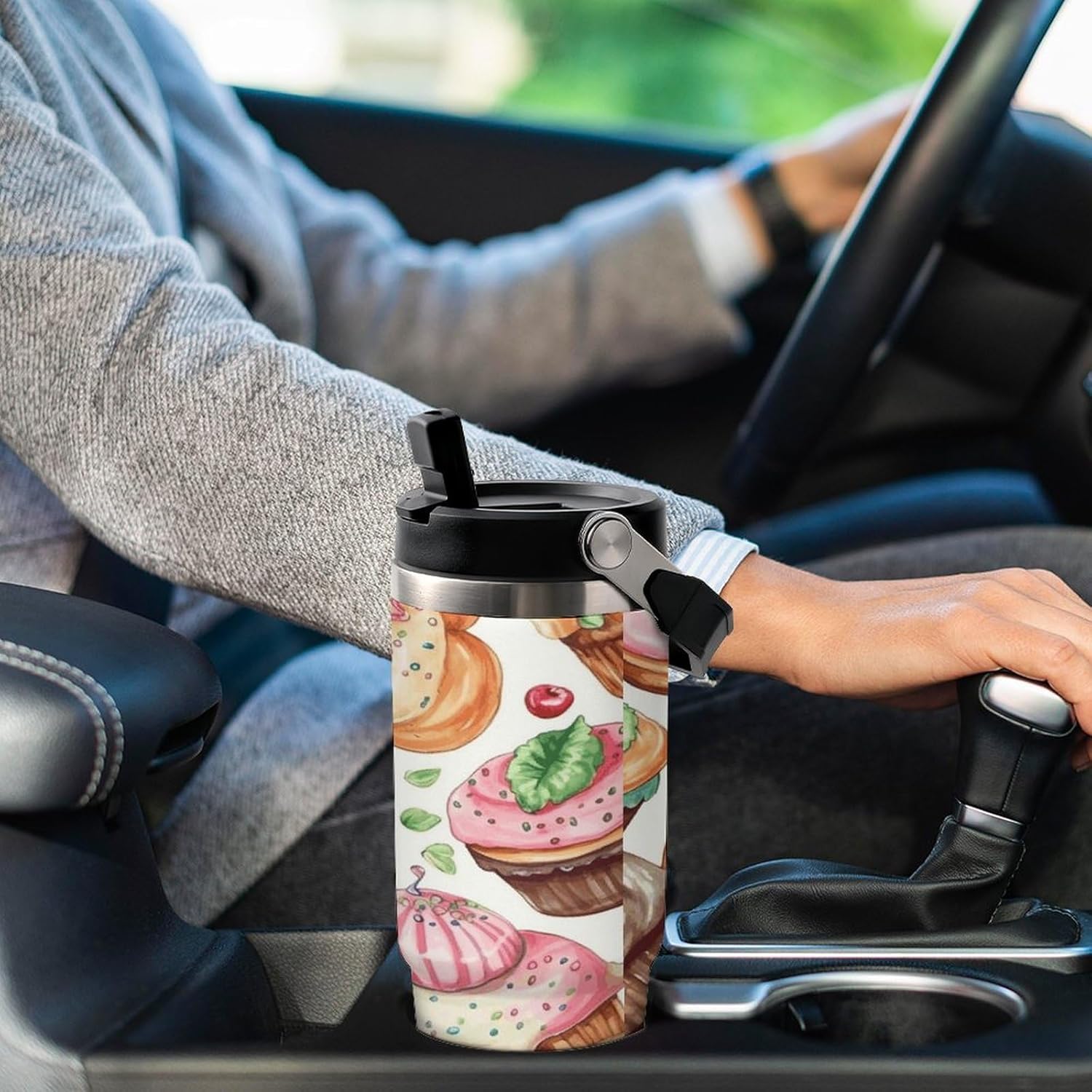 Cupcakes Donuts Muffins Sugar Water Bottle 30 Oz Fits Car Cup Holder,Insulated Coffee Mug Large Capacity Car Cups,Stainless Steel Double Wall Sport Bottle for Travel Sports Gym