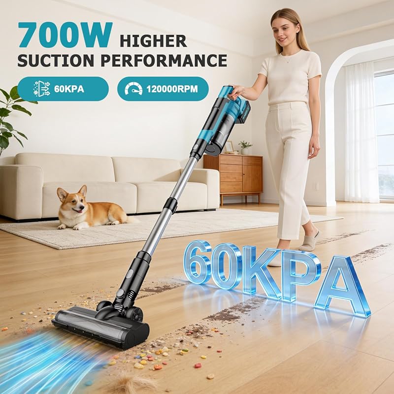 700W Cordless Vacuum Cleaner, 60kPa Portable Stick Vacuum with 3 Modes, 2 * 4.0Ah, 6 in 1 Stick Vacuum Cleaner, Brushless Motor, 3 Modes for Floor, Carpet, Car Blue