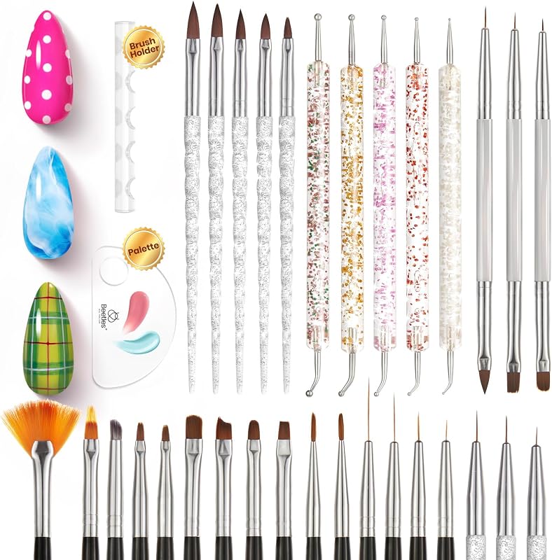 Beetles 31pcs Nail Art Brushes, Dotting Tools, Nail Art Pens, Dust Brush | Striping Liner Fingernail Drawing Pens with Palette Holder Metal Handle All in One for Starter Manicure Design Set
