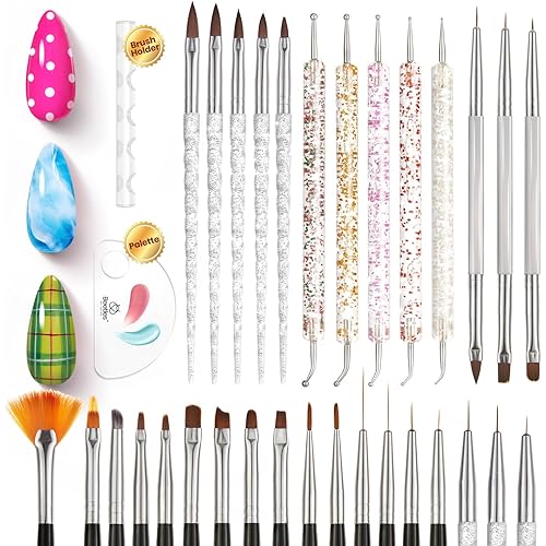 Beetles 31pcs Nail Art Brushes, Dotting Tools, Nail Art Pens, Dust Brush, Striping Liner Fingernail Drawing Pens with Palette Holder All in One for Starter Manicure Design Set