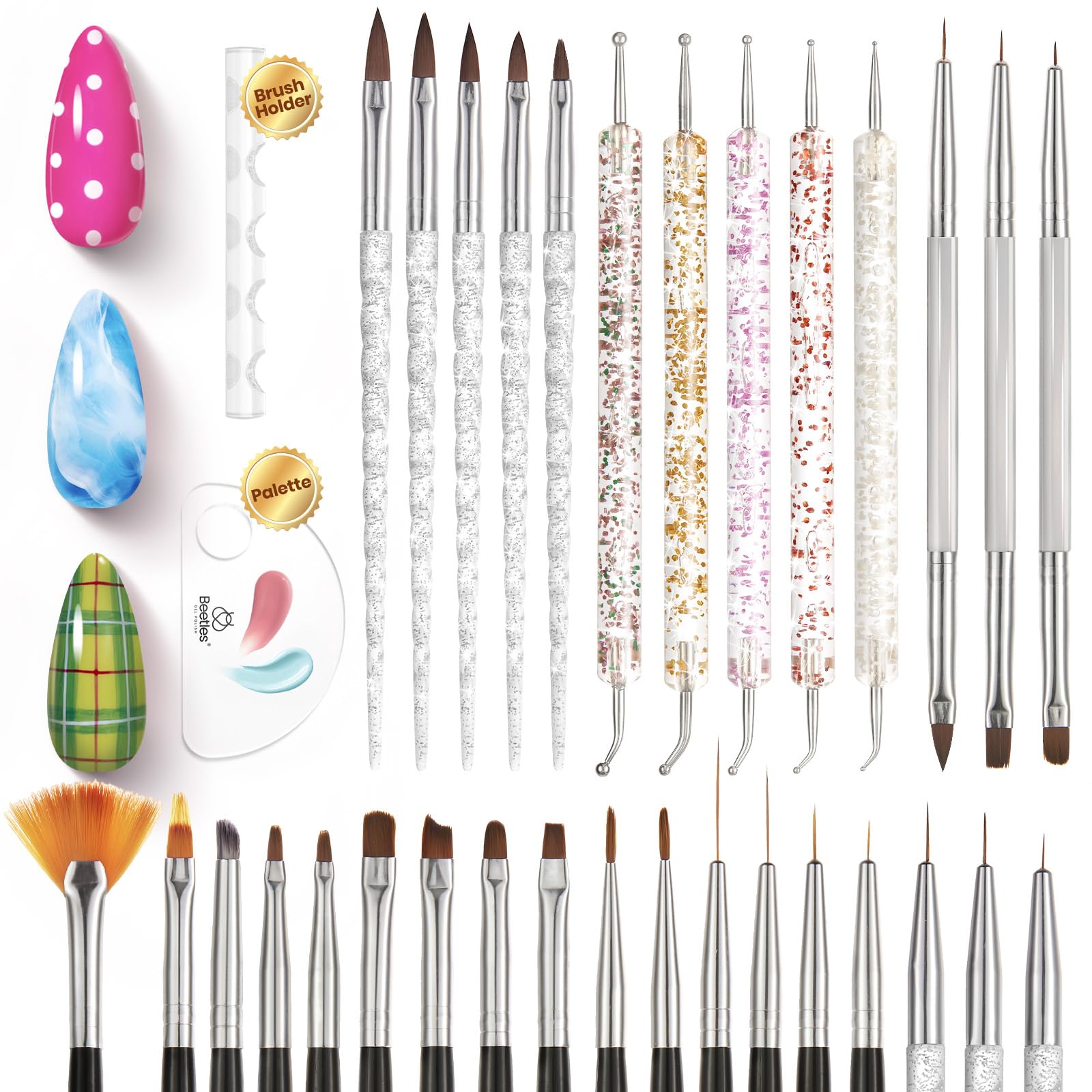 Beetles 31pcs Nail Art Brushes, Dotting Tools, Nail Art Pens, Dust Brush, Striping Liner Fingernail Drawing Pens with Palette Holder All in One for Starter Manicure Design Set