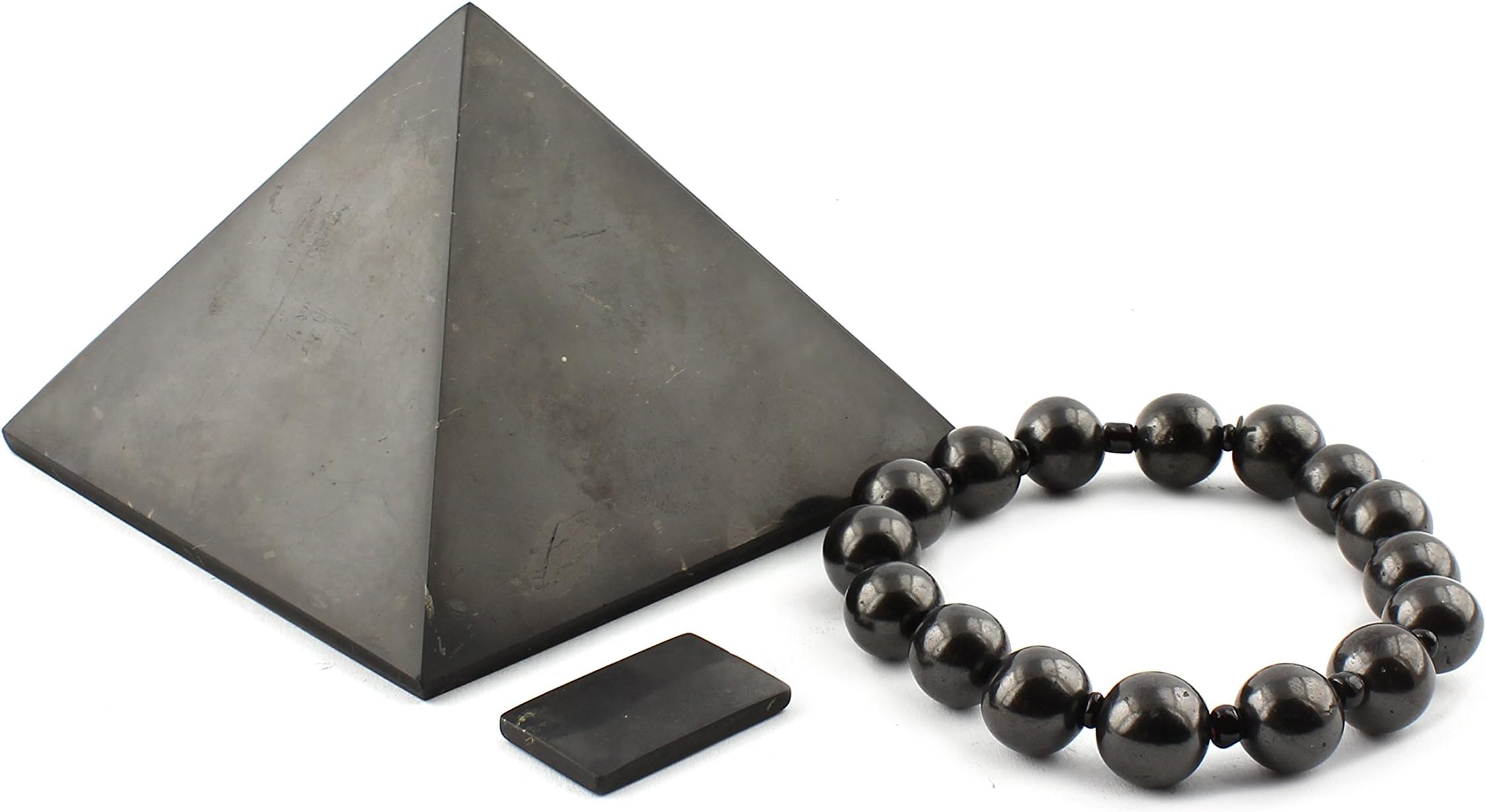 Heka Naturals Polished Shungite Pyramid (8 cm), Stretchy Bracelet & Rectangular Phone Plate | Home Decor, Shungite Sticker Plate - Chakra Stones Healing Crystals Spiritual Jewellery