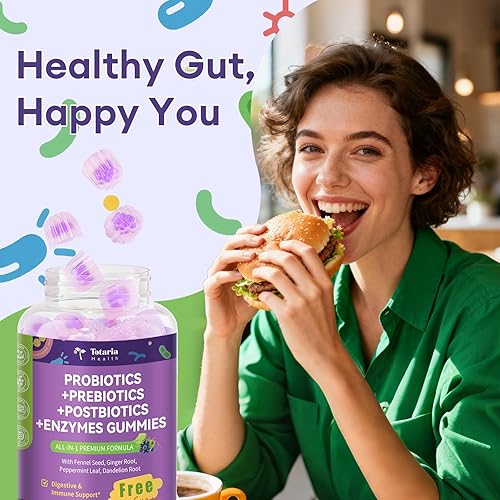 Miniatura 6 de Totaria Gomitas prebióticas prebióticas 5 en 1 sin azúcar, 36 cepas de probióticos para mujeres y hombres con enzimas digestivas, menta, inmune
