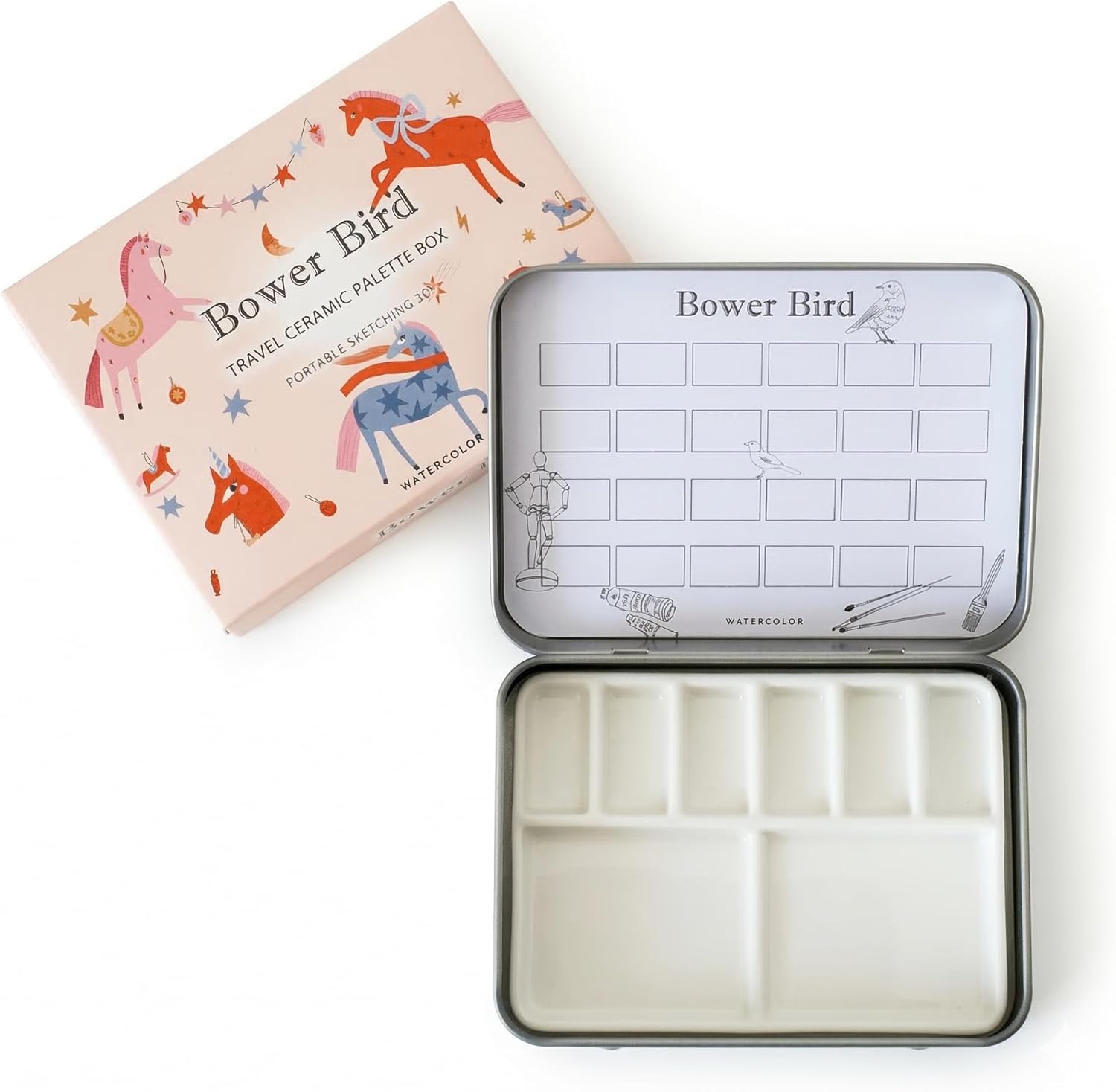 Bower Bird Travel Ceramic Watercolor Palette with Porcelain Mixing Tray, Metal Tin Box, White, 5.3x3.5x0.55 Inches, Portable Art Kit (8Well)