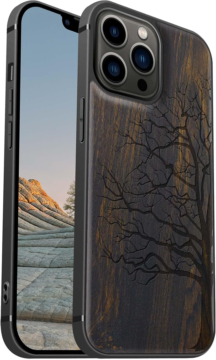 Carveit Magnetic Wood Case for iPhone 13 Pro Max [Hard Real Wood & Soft TPU] Unique & Classy Wooden Shockproof Hybrid Protective Cover Compatible with MagSafe (Eternal Tree Carving-Blackwood)