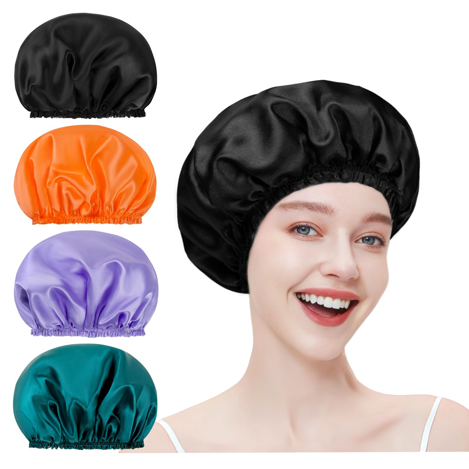 4 PCS Shower Caps for Women, Double Layers Waterproof Bath Caps, Elastic and Reusable Shower Cap, EVA Hair Cap for Shower, Environmental Protection Hair Bath Hat - Black Orange Green Purple