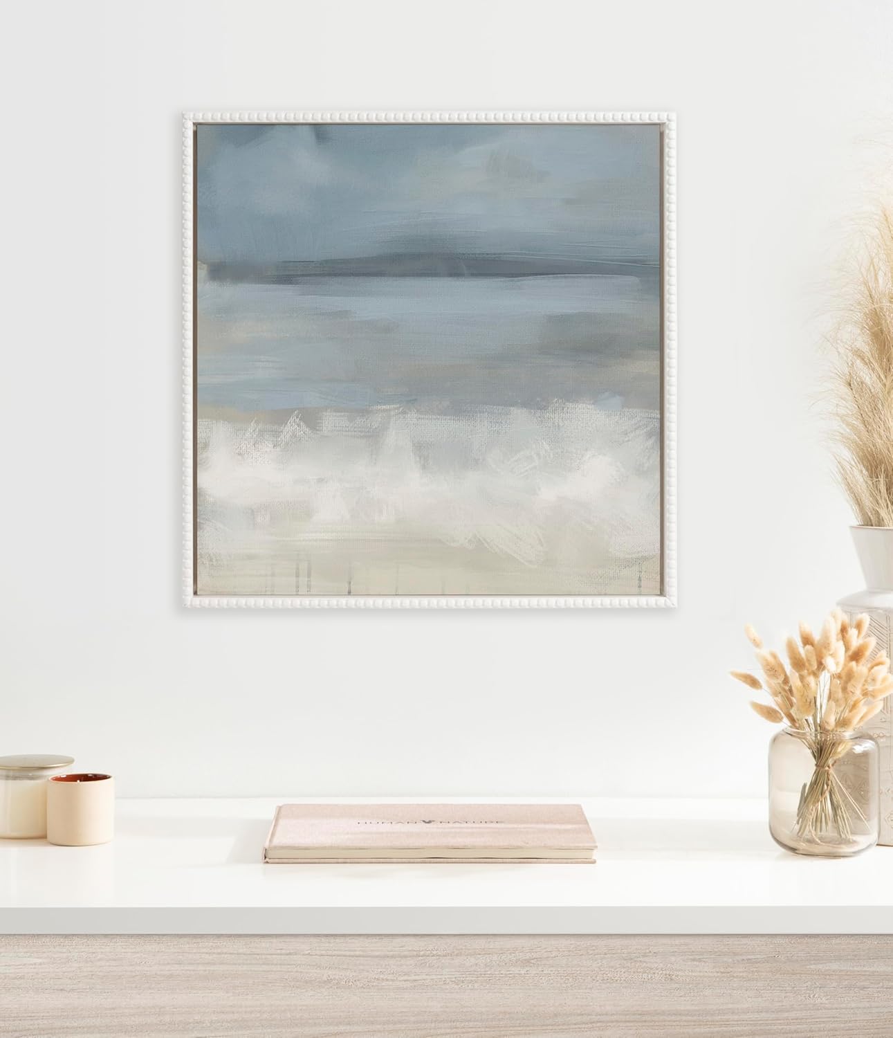 Kate and Laurel Sylvie Beaded The Blues Vintage Framed Canvas Wall Art by Mary Sparrow; 22x22 White; Soft Abstract Landscape Art for Wall