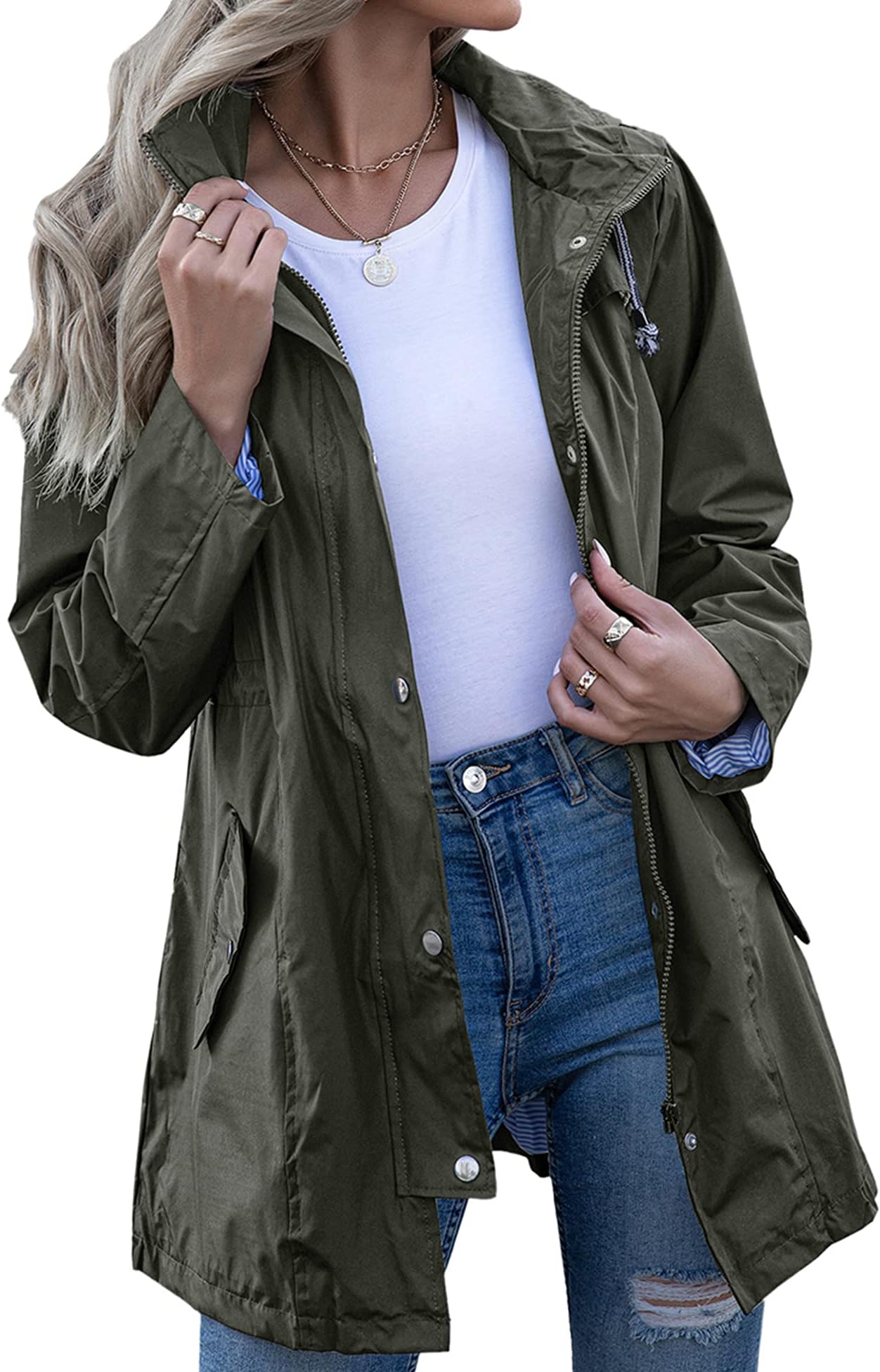 Kikibell Rain Jacket Women Striped Lined Hooded Lightweight Raincoat Outdoor Waterproof Windbreaker