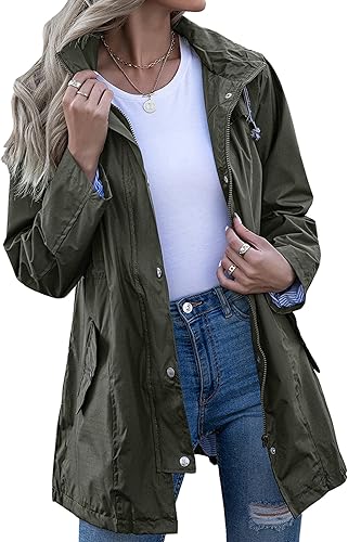 Kikibell Chaqueta de lluvia para mujer con capucha, con forro a rayas, ligera, impermeable para exteriores, cortavientos