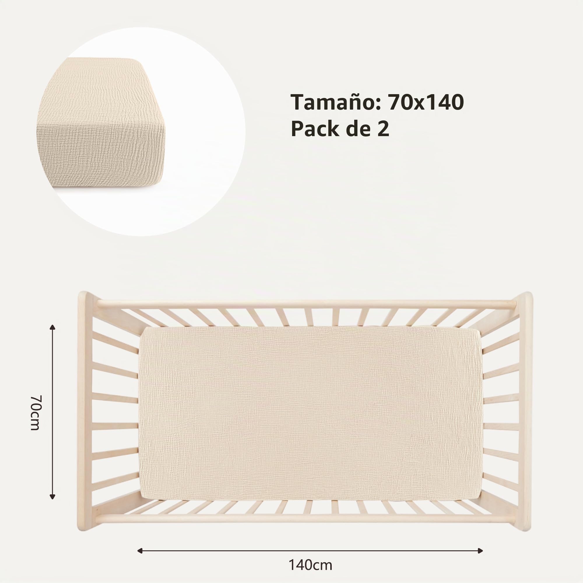 Bearmoss Sábana de Muselina, 100% Algodón, para Colchón Estándar de Cuna y Colchón de Cama Infantil, 70 x 140 cm,Sabana Bajera Cuna Ajustables para Cama Auxiliar (Color Albaricoque, 70x140)