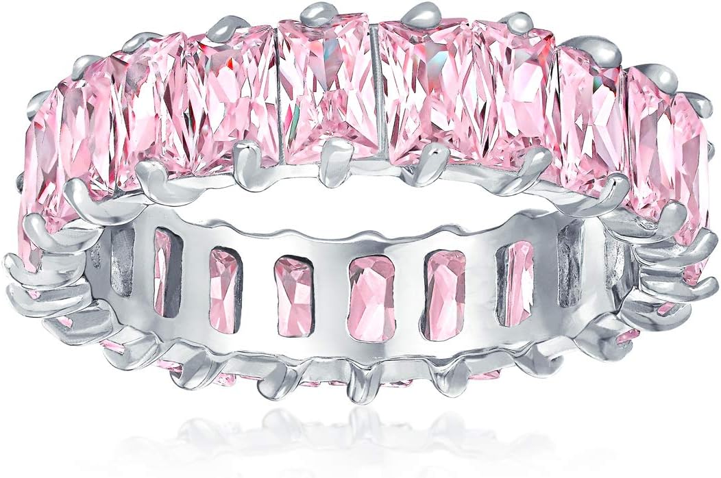 AAA Cubic Zirconia Jewel Multi Color Simulated Gemstone Channel Set Rectangle Emerald Cut Baguette CZ Eternity Ring Anniversary Wedding Band For Women .925 Sterling Silver 4MM Stackable Rings
