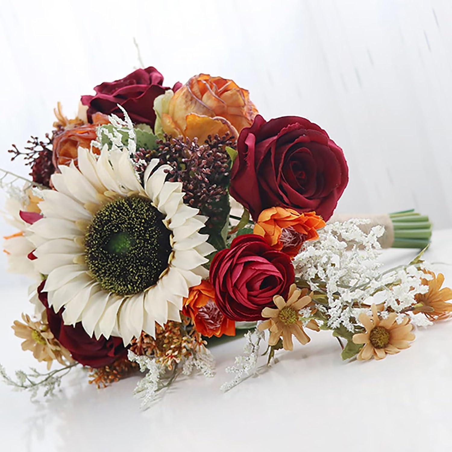 Emivery Cascading Vintage Sunflower Bouquet, Artificial Sunflower and Burgundy Rose Bouquet for Bride Teardrop Bridal Bouquet for Wedding Ceremony Party Church Decor