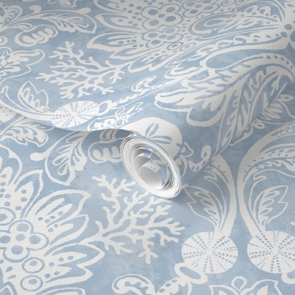 Removable Wallpaper Swatch - Blue Coastal Damask Seashells Beach Ocean Traditional Serene Botanical Custom Pre-Pasted Wallpaper by Spoonflower