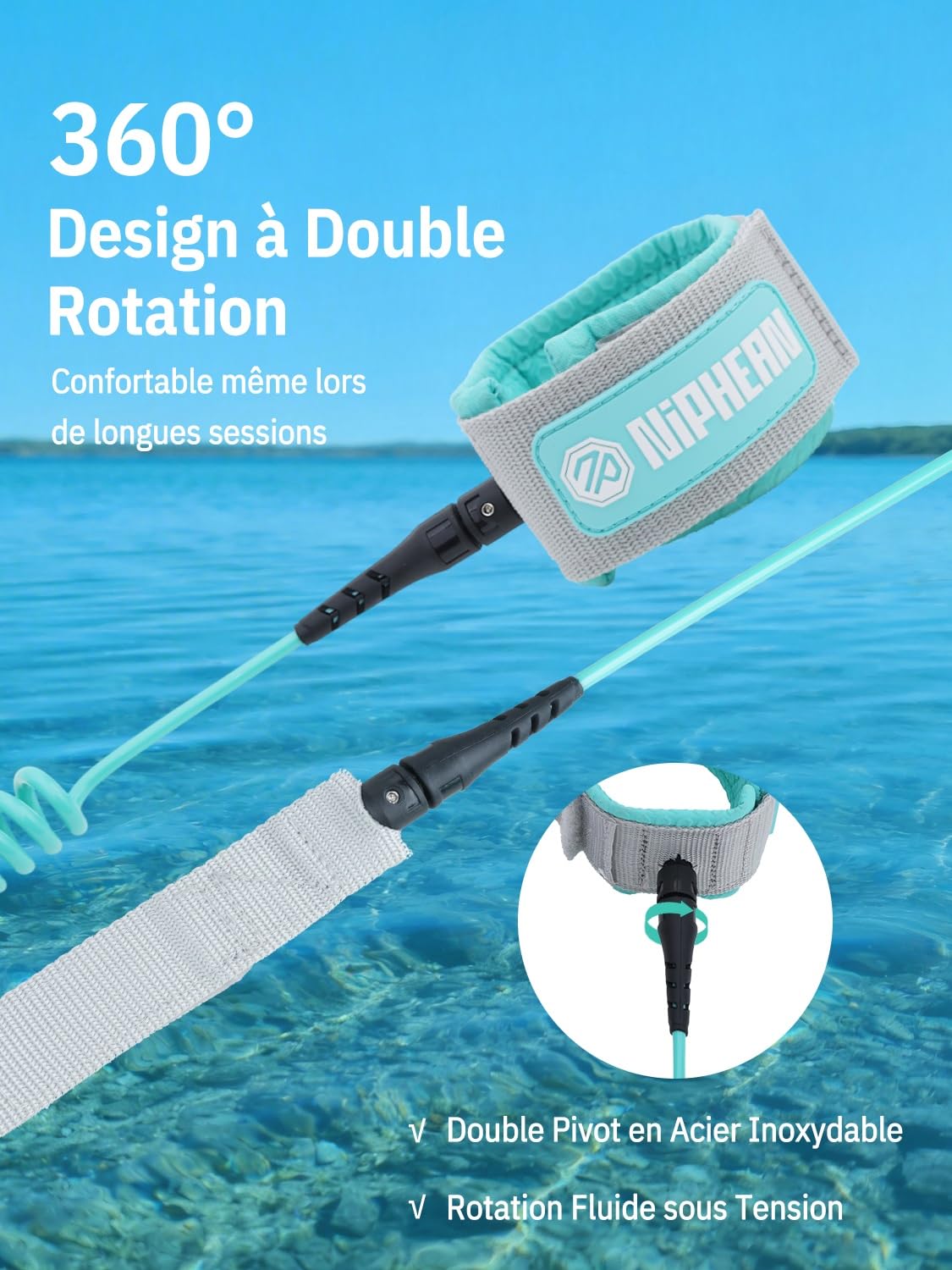 niphean Leash Paddle 1–3m, Leash Surf Élastique en Spirale 5mm, Leash Bodyboard Résistant avec Embout, Anti-Enchevêtrement, Confortable&Réglable pour Sup, Surf, Bodyboard, Boogie
