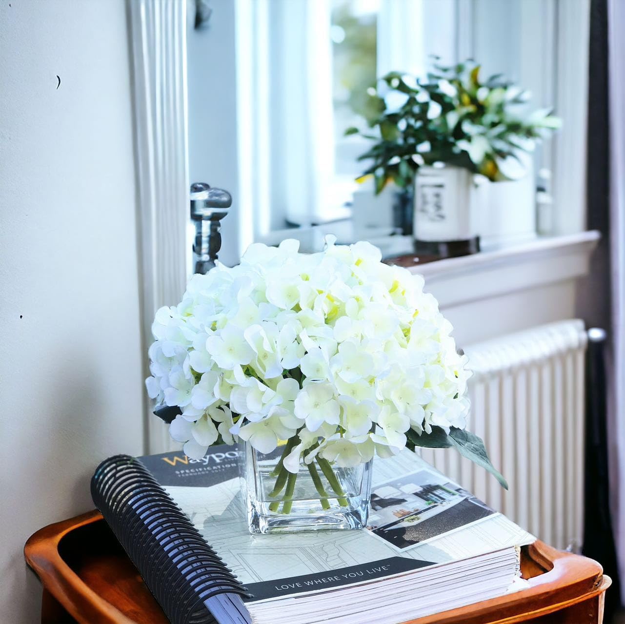 ENOVA HOME Artificial Hydrangea Silk Flowers Arrangements in Cube Glass Vase for Home Wedding
