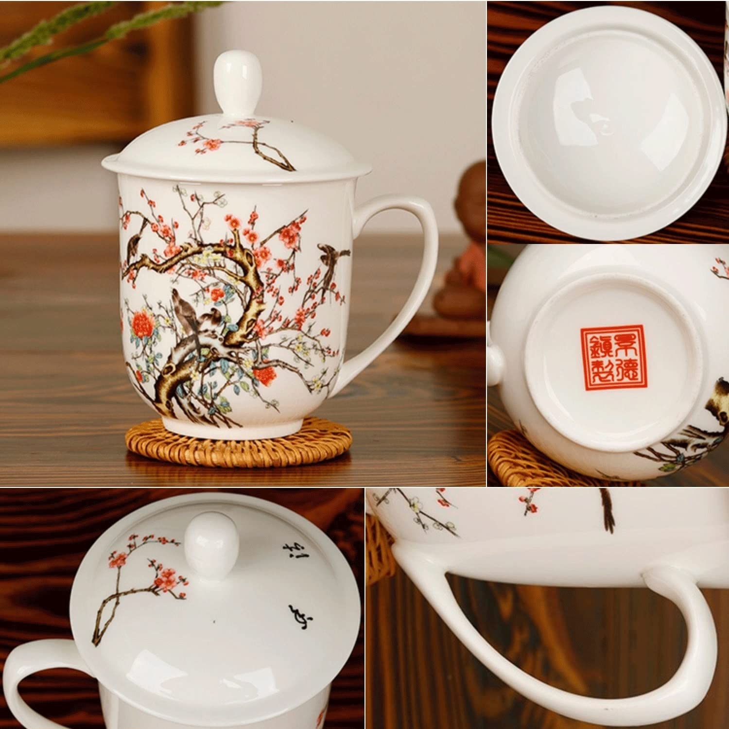 Podróżny kubek do kawy ceramiczny kubek, kwiat i ptak obraz z pokrywką Kubek do kawy, kubek, kubki na gorące kakao, nowość poranny kubek herbata mleko, gorąca czekolada kubki kubek do kawy (kolor: A, rozmiar: 350 ml)