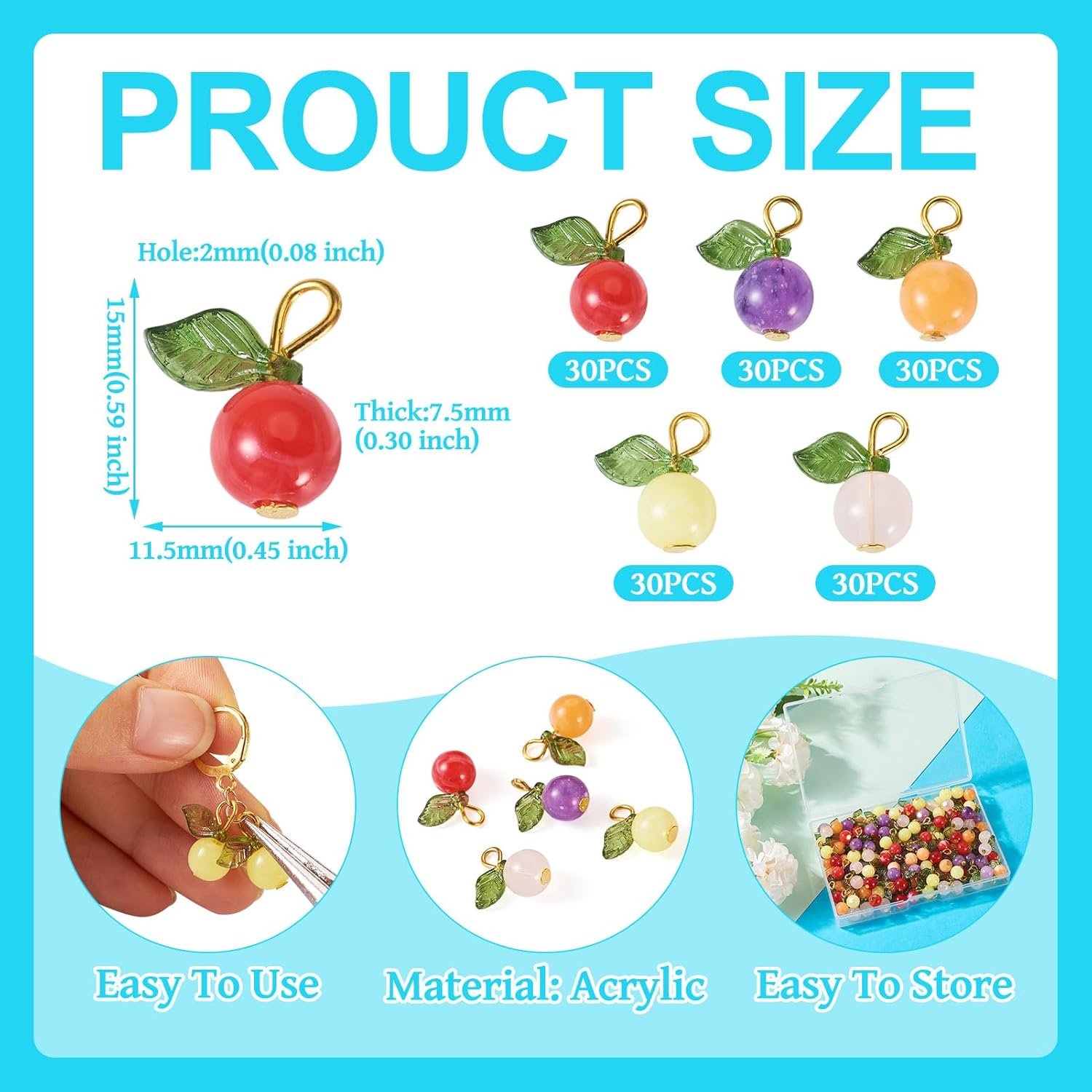 Beadthoven 150pcs Acrylic Fruits Pendants Mini Cherry Charms Colorful Fruit Food Dangle Earring Charms with Leaf for Jewelry Making Bracelet Hanging Ornaments DIY Crafts Accessories - Image 3