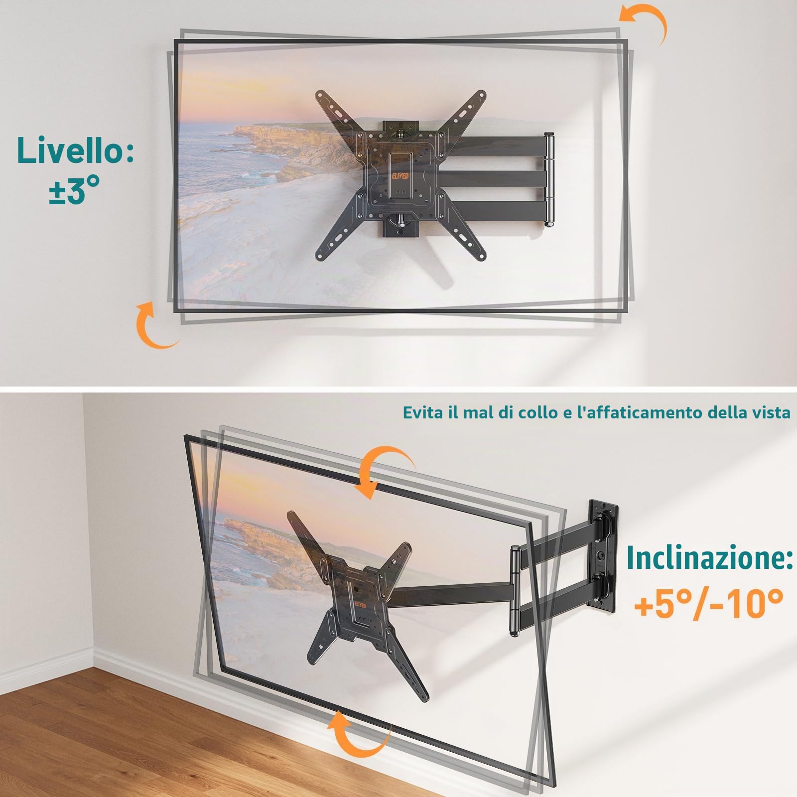 ELIVED Long Extension EV1035 - Supporto da parete per TV con braccio lungo 796 mm, per la maggior parte dei televisori da 26-65 pollici, orientabile e inclinabile, supporto da parete per TV Full