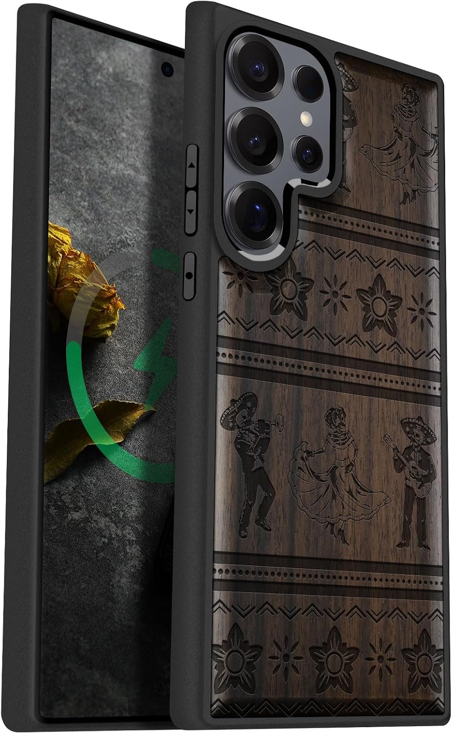Carveit Magnetic Wooden Case for Samsung Galaxy S25 Ultra Case 2025, TPU Shockproof Cover & Wood Artisan Engraved, Compatible with MagSafe Wireless Chargers (Mariachi Dance) Blackwood