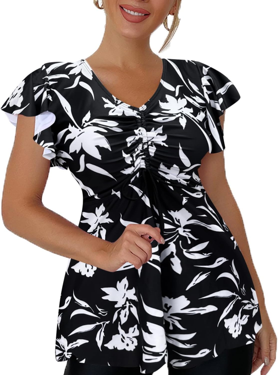 Fanuerg Women's Flowy Tankini Top Only Ruffle Sleeve Swim Bathing Suit Tops Modest Drawstring Swimsuit Top No Bottom