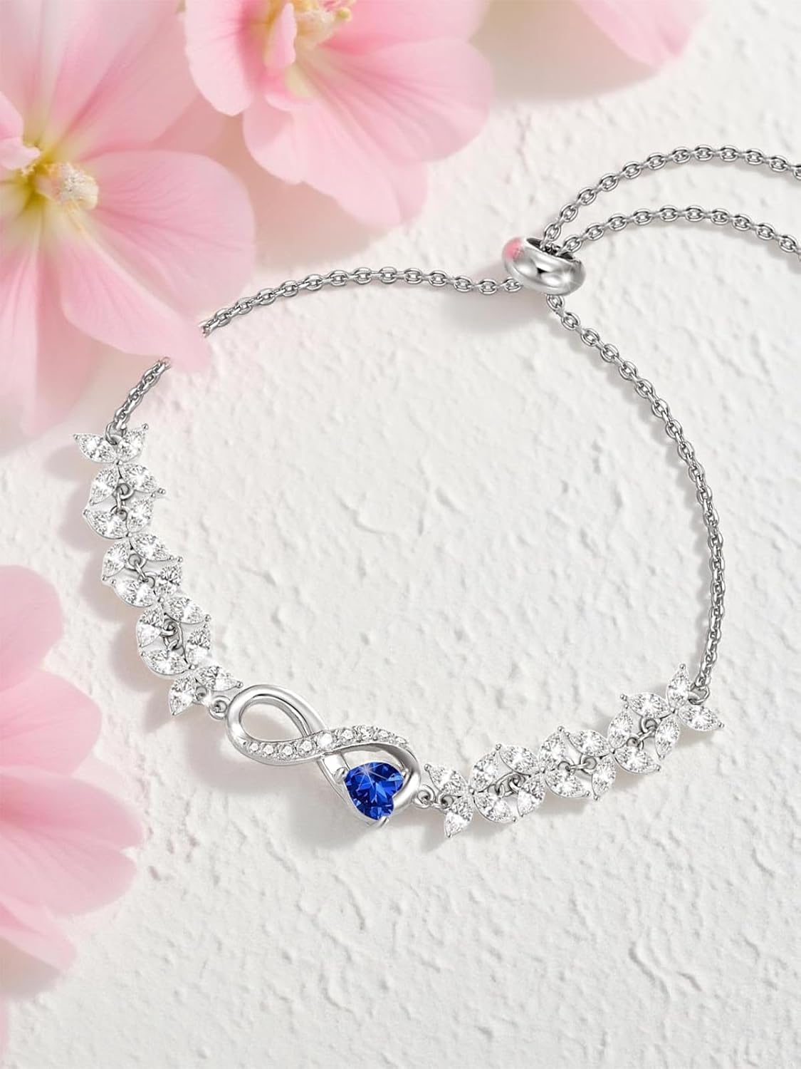 Dorunmo S925 Sterling Silver Infinity Heart Bracelet for Women, Adjustable Birthstone Bracelet with Heart-Shaped Zirconia, Sliding Bead Chain Jewelry Gifts, 7+2 Inch