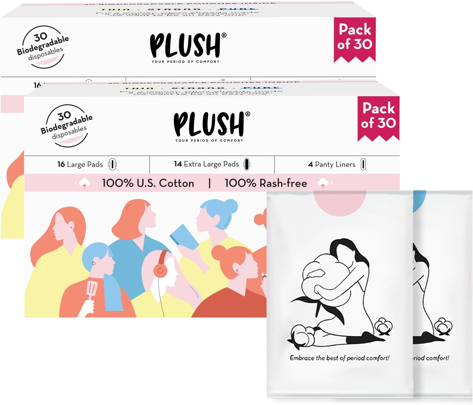 Ultra-Thin Sanitary Pads For Women, 30 Cotton Sanitary Napkins- Pack of 2 | 14 Medium Flow XL + 16 Light Flow L + 4 Panty Liners For Rash Free Periods | Pure U.S. Cotton Pads With Disposable Pouch