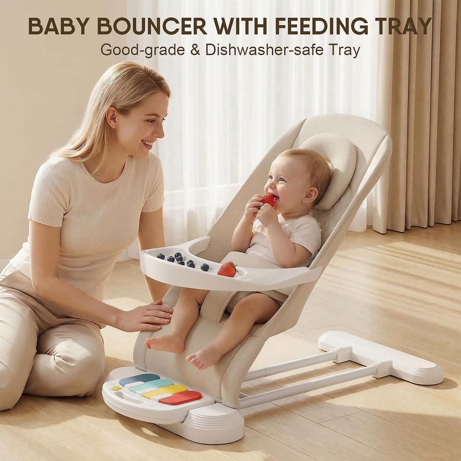 Baby Bouncer, Baby Bouncer Seat with Detachable Pianos & Feeding Tray, 3-Level Adjustable Positions Bouncing Seat, Infant Bouncer Seat and Toddler Chair (Beige)