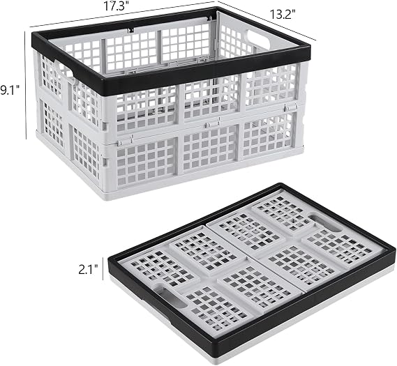 34L Plastic Collapsible Storage Crates, 3 Pack Foldable Baskets | For Home, Kitchen, Grocery, Camping, Space Saving, Durable