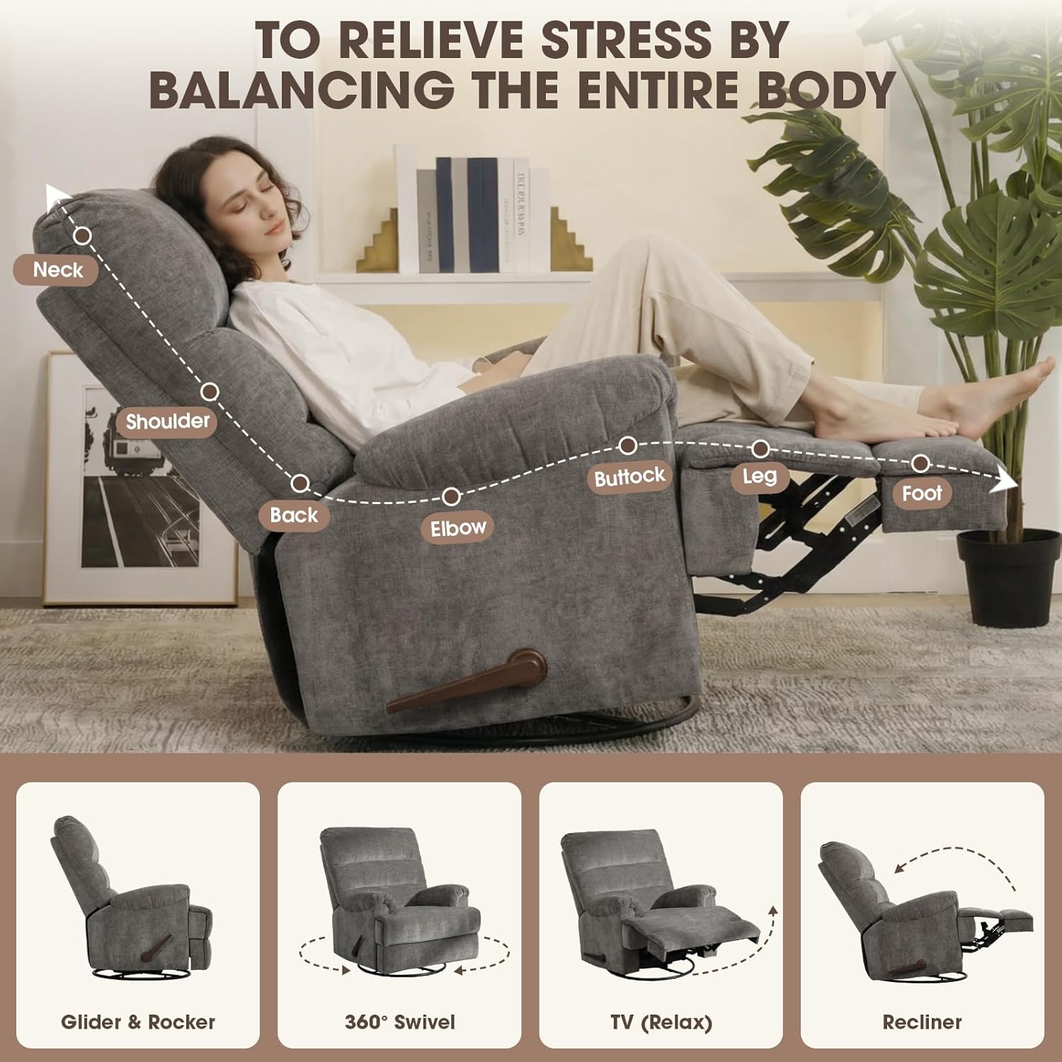 Dark Grey Glider Rocker Recliner,Swivel Rocking Recliner Chair,Glider Rocking Chair,Reclining Sofa Rocking Chair Nursery,23 Inches Deep Seat & 27 inches High Back,for Living Room