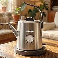 Smartyle Gooseneck Electric Tea Kettle with Thermometer - 1L 304 Stainless Steel, 1200W Fast Boil, Auto Shut-Off for Pour Over Coffee & Tea (Chrome)
