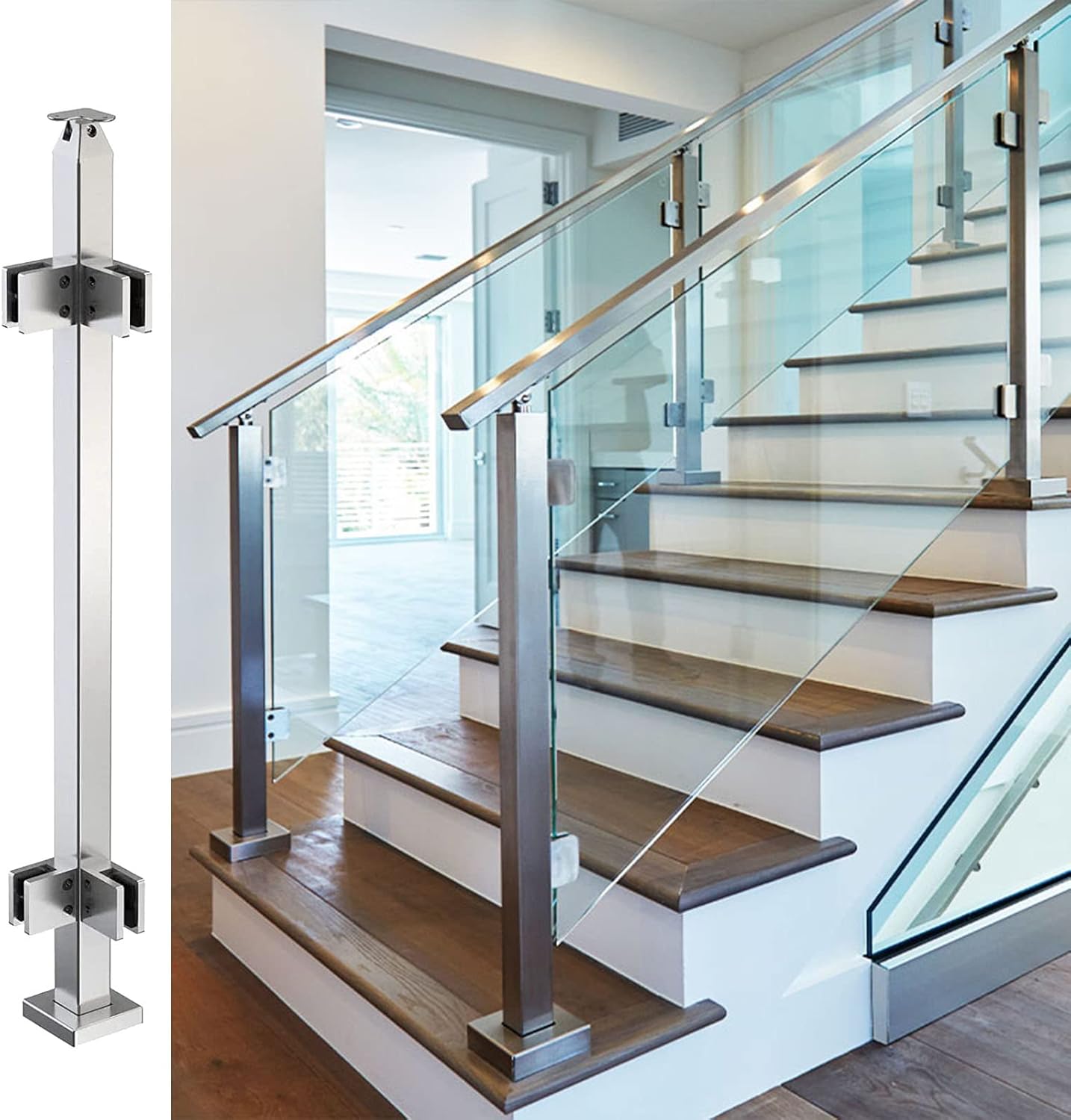 Stainless Steel Glass Railing Kit for Staircase & Balcony, 304 Outdoor Pool Balustrade Panel with Spigot, Corner Post, 80cm/31.5in, Durable Indoor/Outdoor Safety Barrier