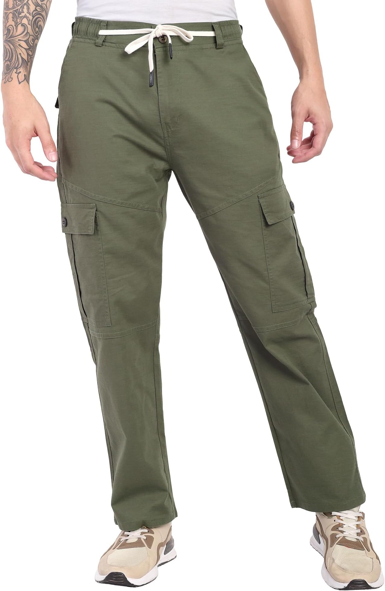 Men's Grey Utility Cargo Pants with Drawstring Waist | Slim Fit Multi Pocket Trousers | Casual Streetwear