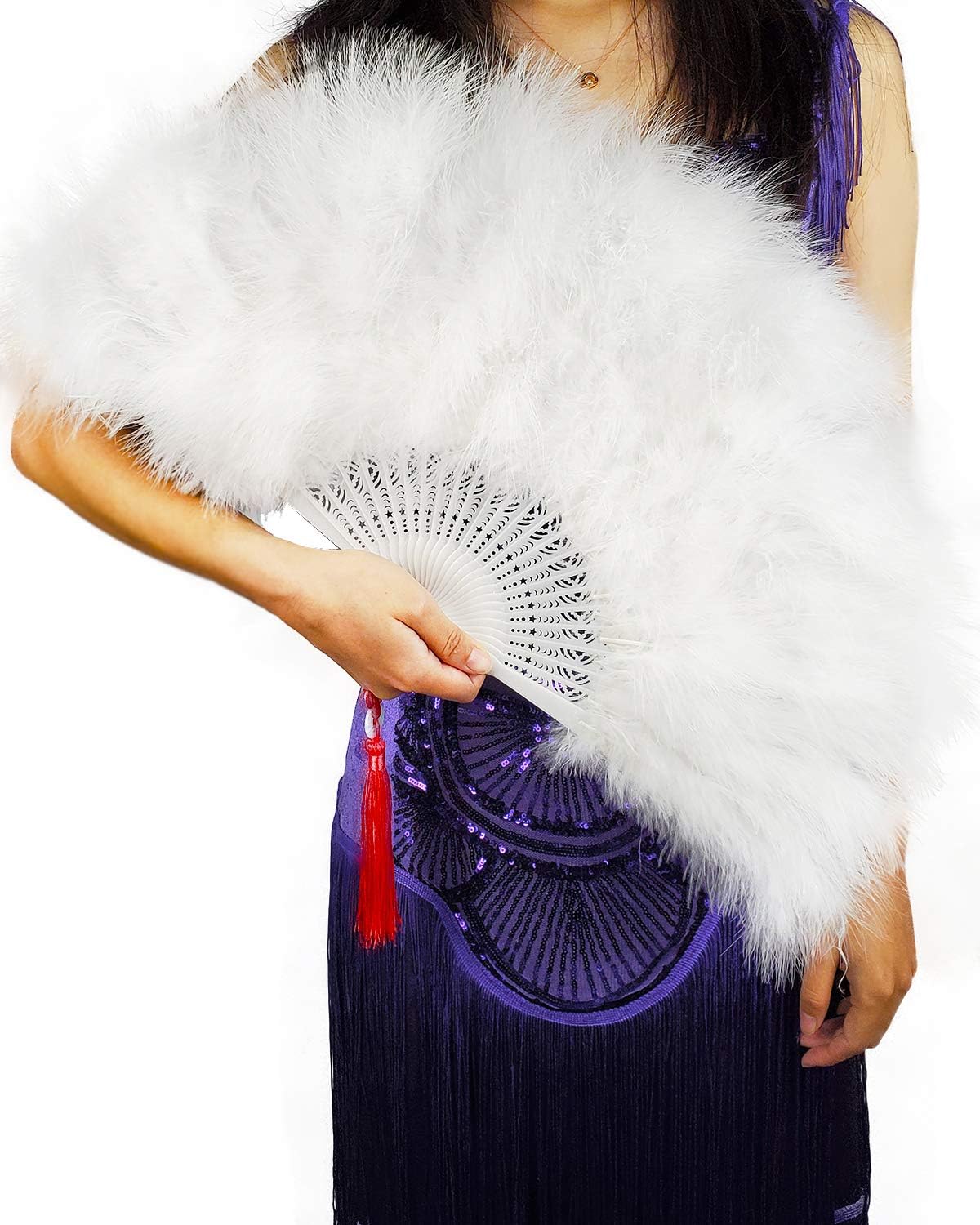 Handheld Flapper Marabou Feather Fan for 1921s Vintage Style Halloween, Party and Dancing-White