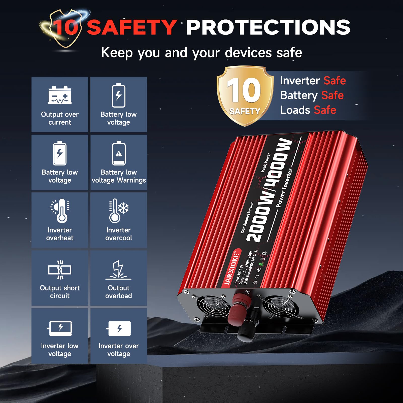Przetwornica napięcia 2000 W, DC 12 V na AC 230 V, 2 gniazda AC i port USB, przetwornik prądu z wyświetlaczem LCD, do samochodów osobowych, przyczep kempingowych, ciężarówek