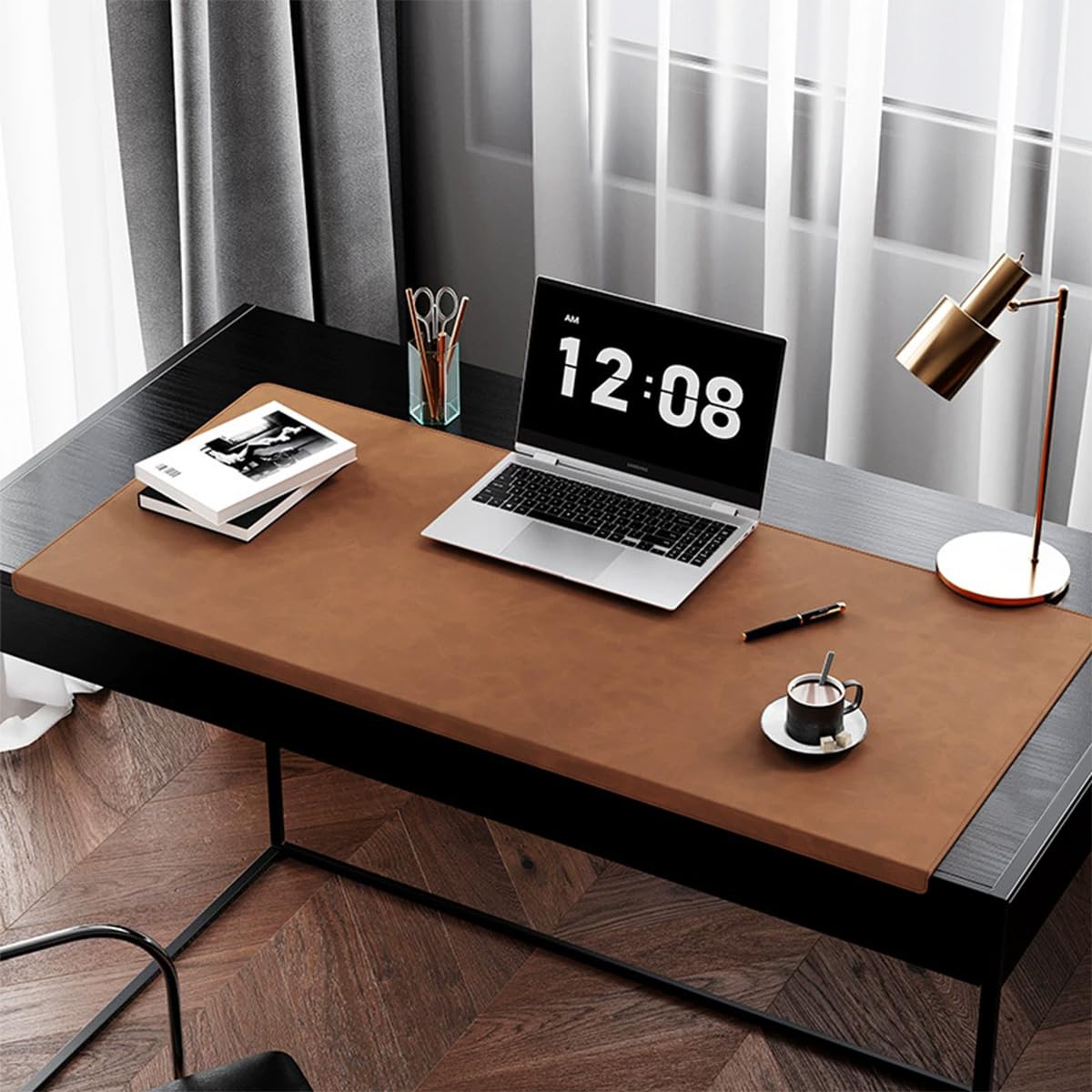 Leather Edge-Locked Desk Pad with Edge Protector, Office Extended Keyboard Mouse Mat for Work Typing, Waterproof Smooth Study Desk Writing Mat Table Blotter (Brown,70x32cm)