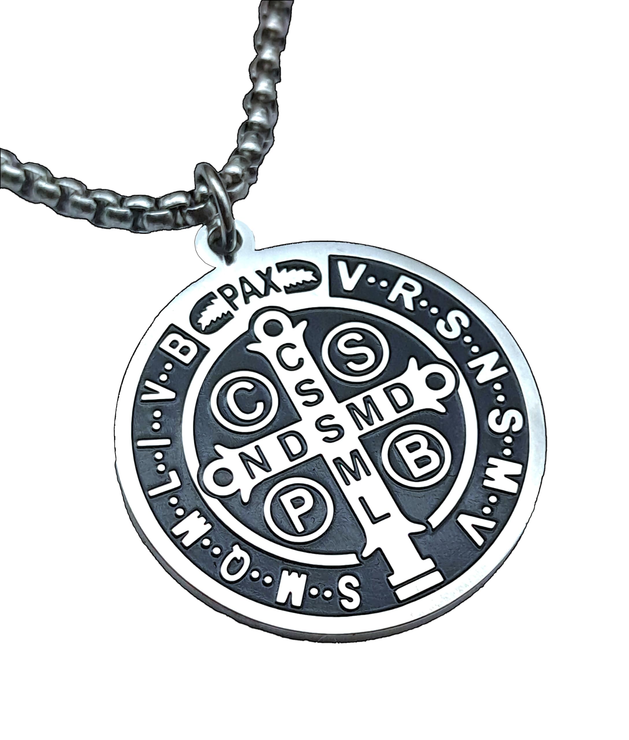 Ekonat- Medalla san benito - cruz de san benito - Medalla acero inoxidable con cadena 30 mm -acabado Brillo esmalte negro- Cadena de acero 55 cm