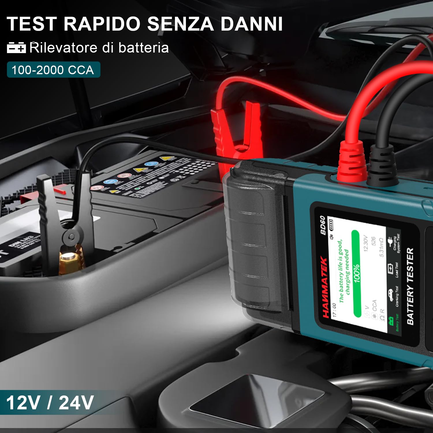 HANMATEK Tester per Batteria Auto 12V/24V, Tester di Carico 100-2000 CCA per Auto, Camion, Marina, Motocicletta, SUV, Barca -BD60