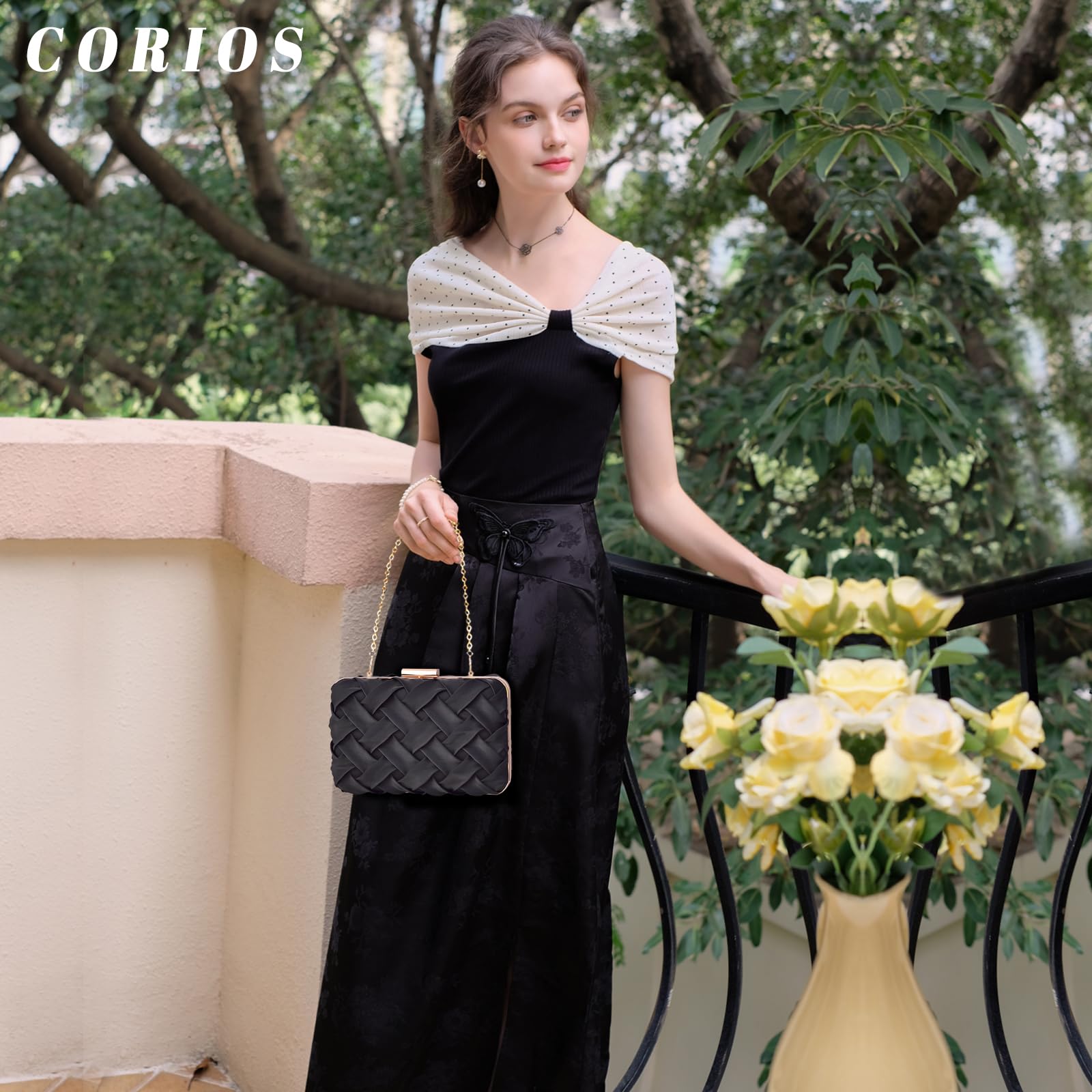 CORIOS Damen Abendtasche Clutch Tasche Hochzeit Brautbörse Handtasche Elegante Schultertasche Kettentasche Tasche Luxurious Klein Umhängetasche für Hochzeit Wedding Prom Party Schwarz