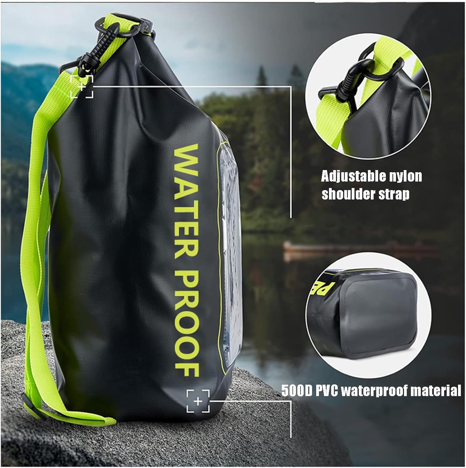 Custodia per Telefono Impermeabile Zaino Impermeabile con Chiusura Arrotolabile 2L/5L con Custodia per Telefono Borsa Impermeabile tattile per Nuoto, Spiaggia e Viaggi,Nero Verde,2L
