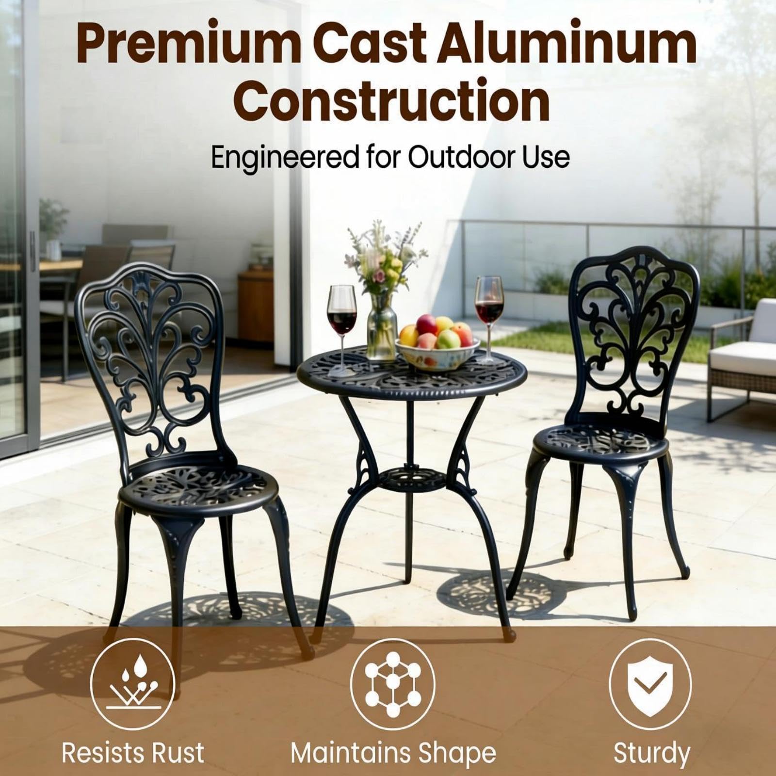 GIANTEX Set Tavolo da Bistrot in Fusione di Alluminio Set da 3 Pezzi Tavolino con 2 Sedie per Giardino Balcone Bordo Piscina, Colore Verde Bronzo/Bianco (Nero)