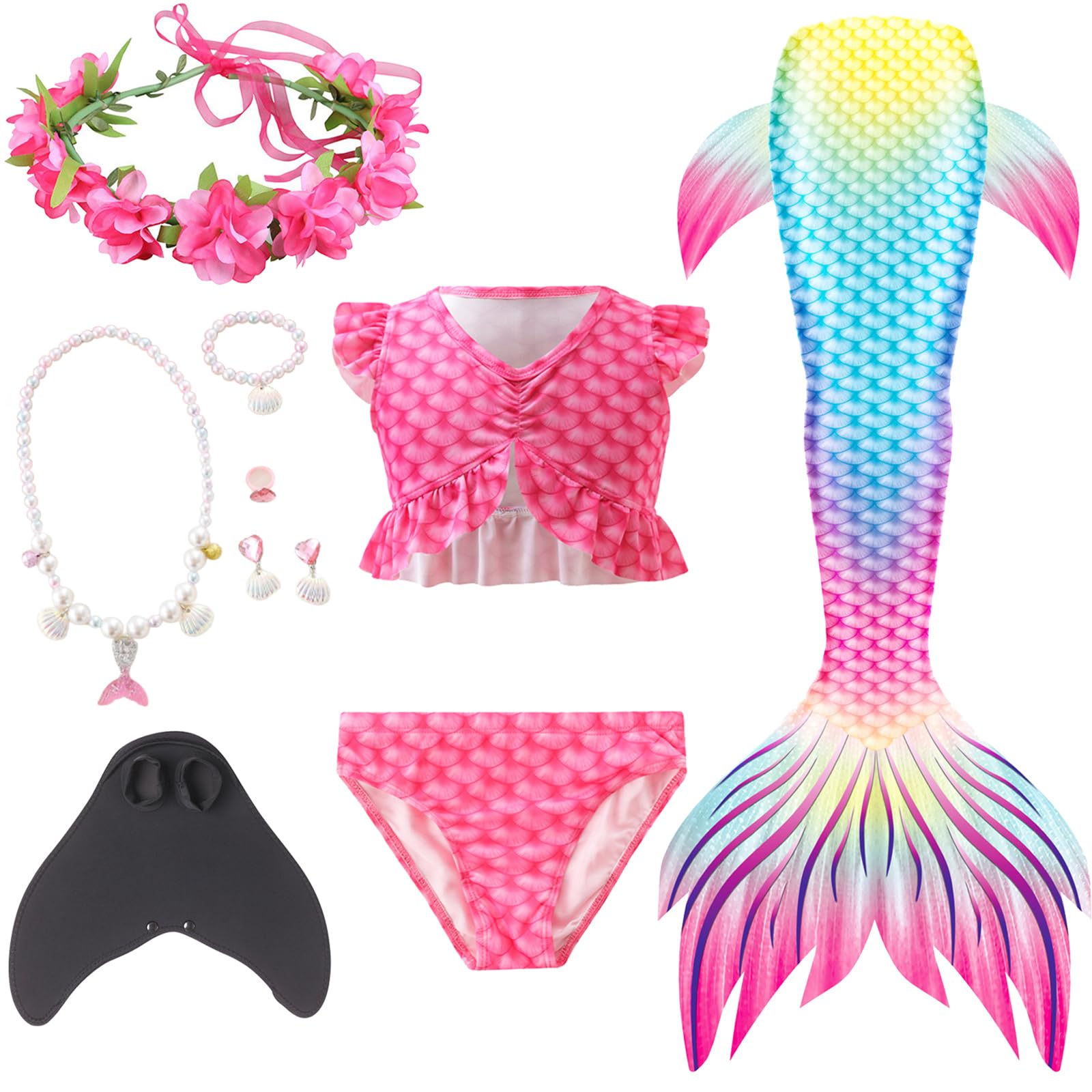 AUTOYSURMermaid Tail Sets with Head Garland Necklace Hair Clip,Mermaid Costume