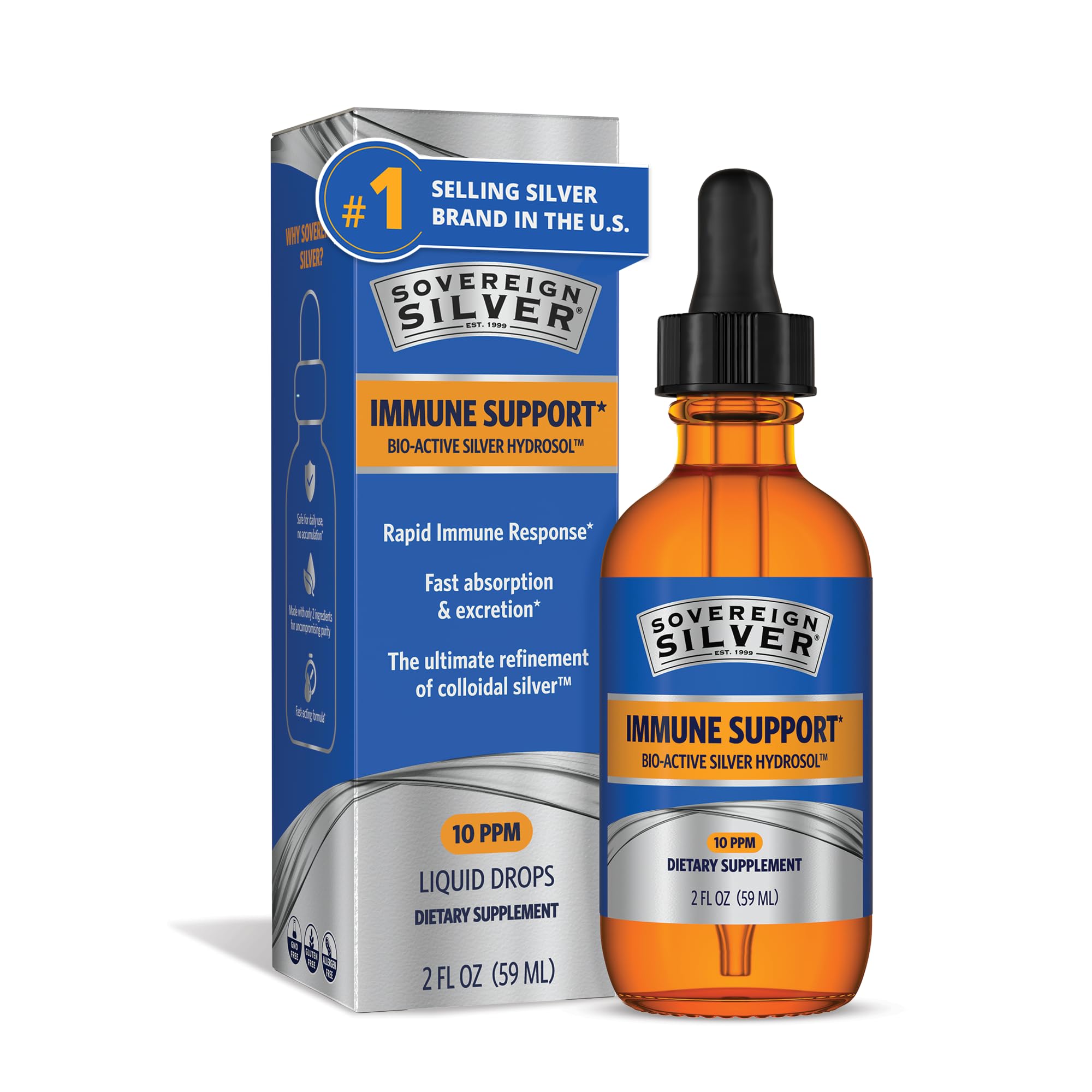 Sovereign Silver Immune Support, Colloidal Silver, 2 fl oz (59 mL) 2 Fl Oz (Pack of 1)